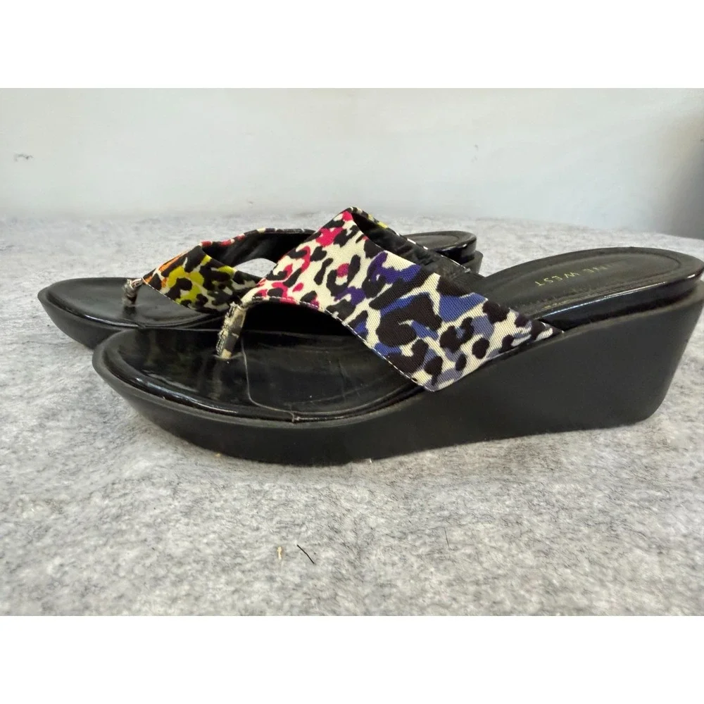 Nine West Mulitcolor Leopard Thong Wedge Sandal Women's Size 9M